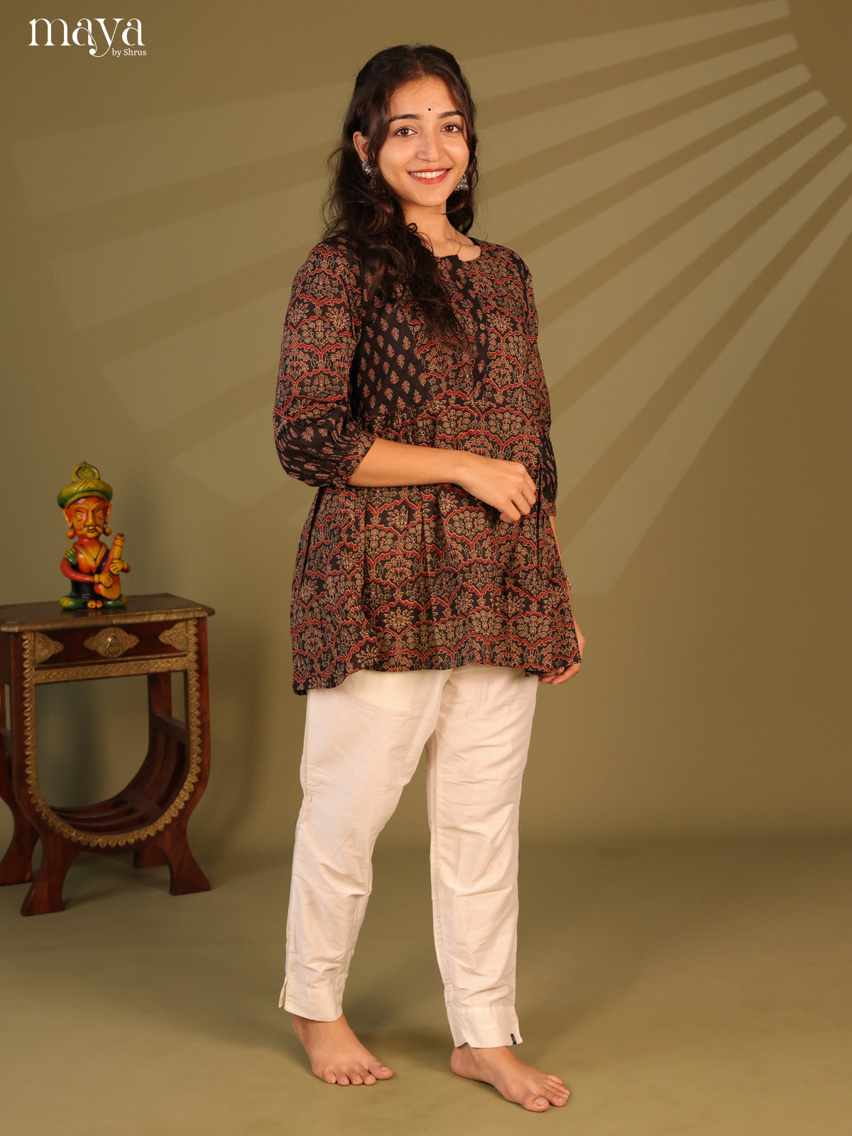Floral Printed Black Cotton Short Kurti