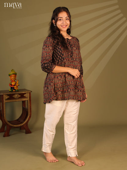 Floral Printed Black Cotton Short Kurti