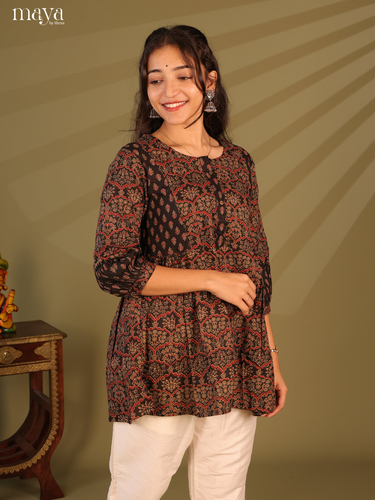 Floral Printed Black Cotton Short Kurti