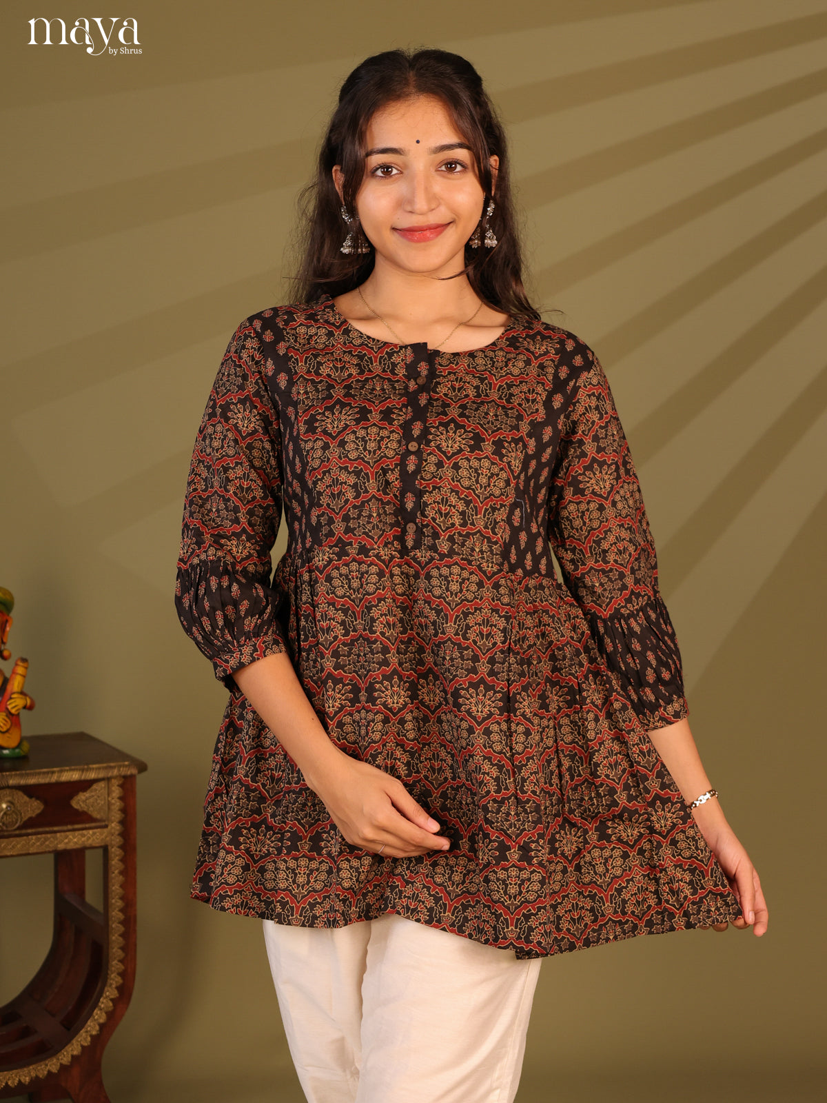 Floral Printed Black Cotton Short Kurti