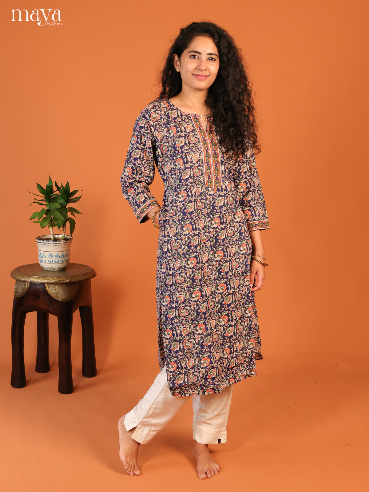 Blue Floral Printed Cotton Kurti