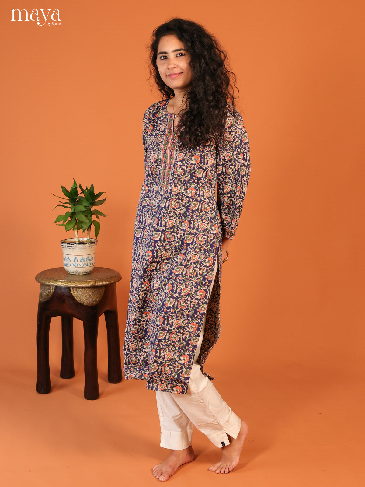 Blue Floral Printed Cotton Kurti
