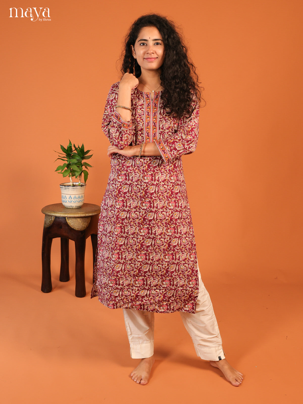 Maroon Floral Printed Cotton Kurti