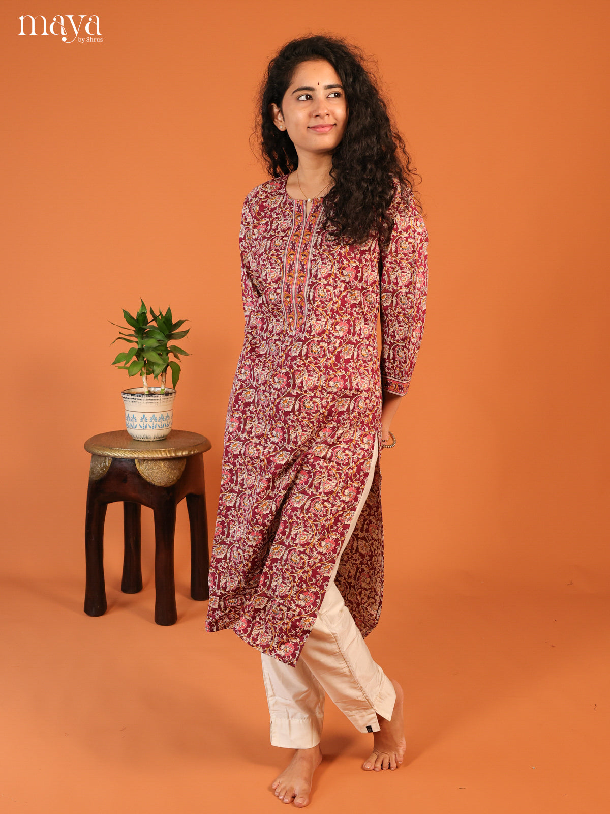 Maroon Floral Printed Cotton Kurti