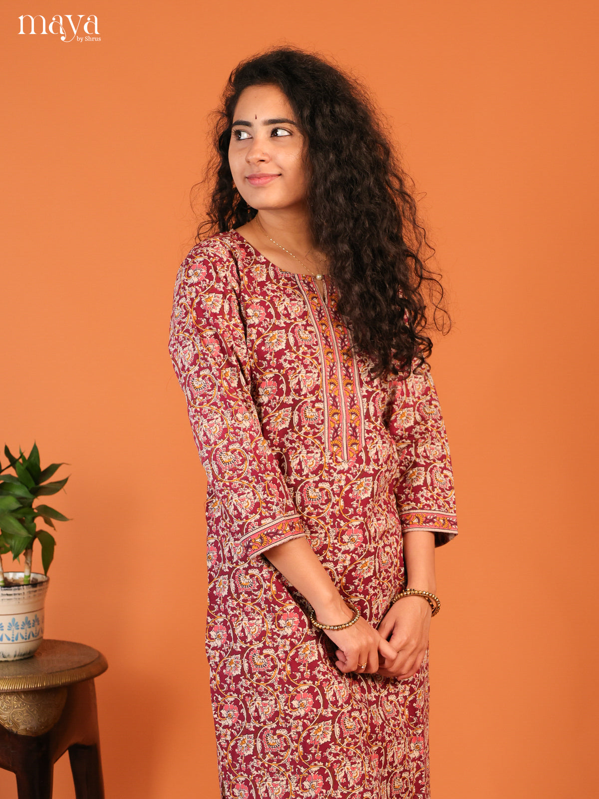 Maroon Floral Printed Cotton Kurti