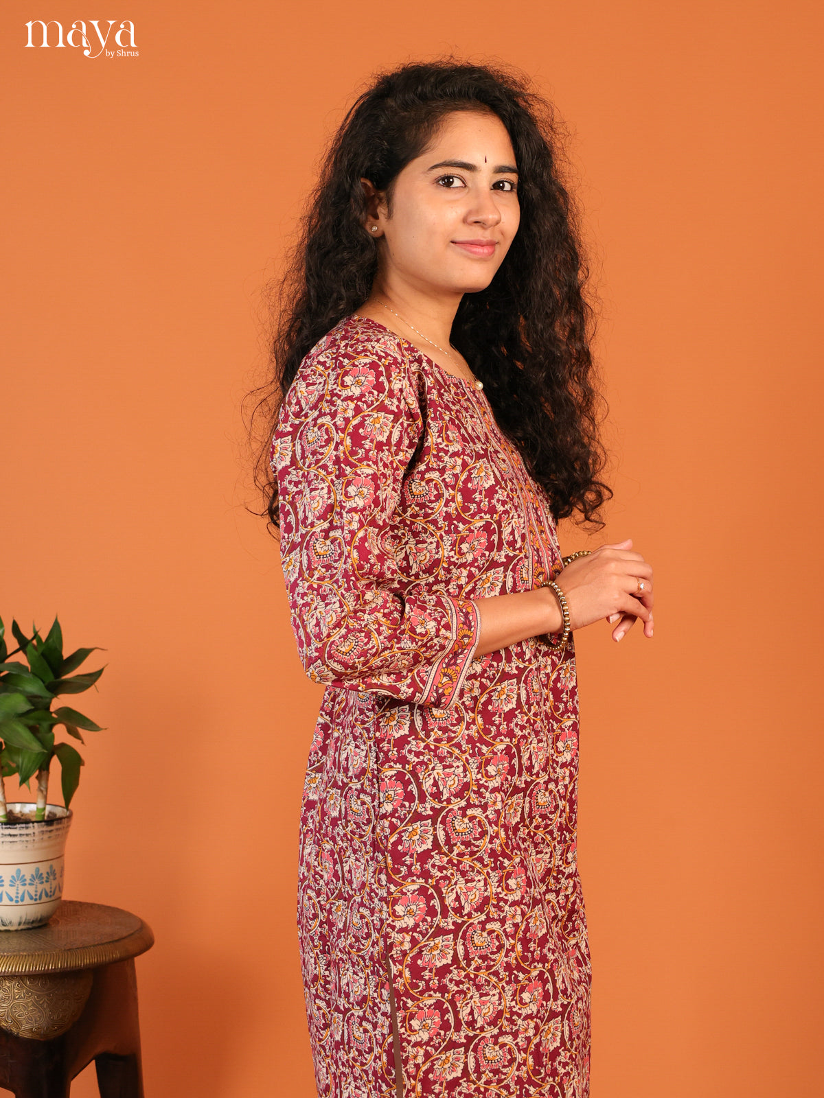 Maroon Floral Printed Cotton Kurti