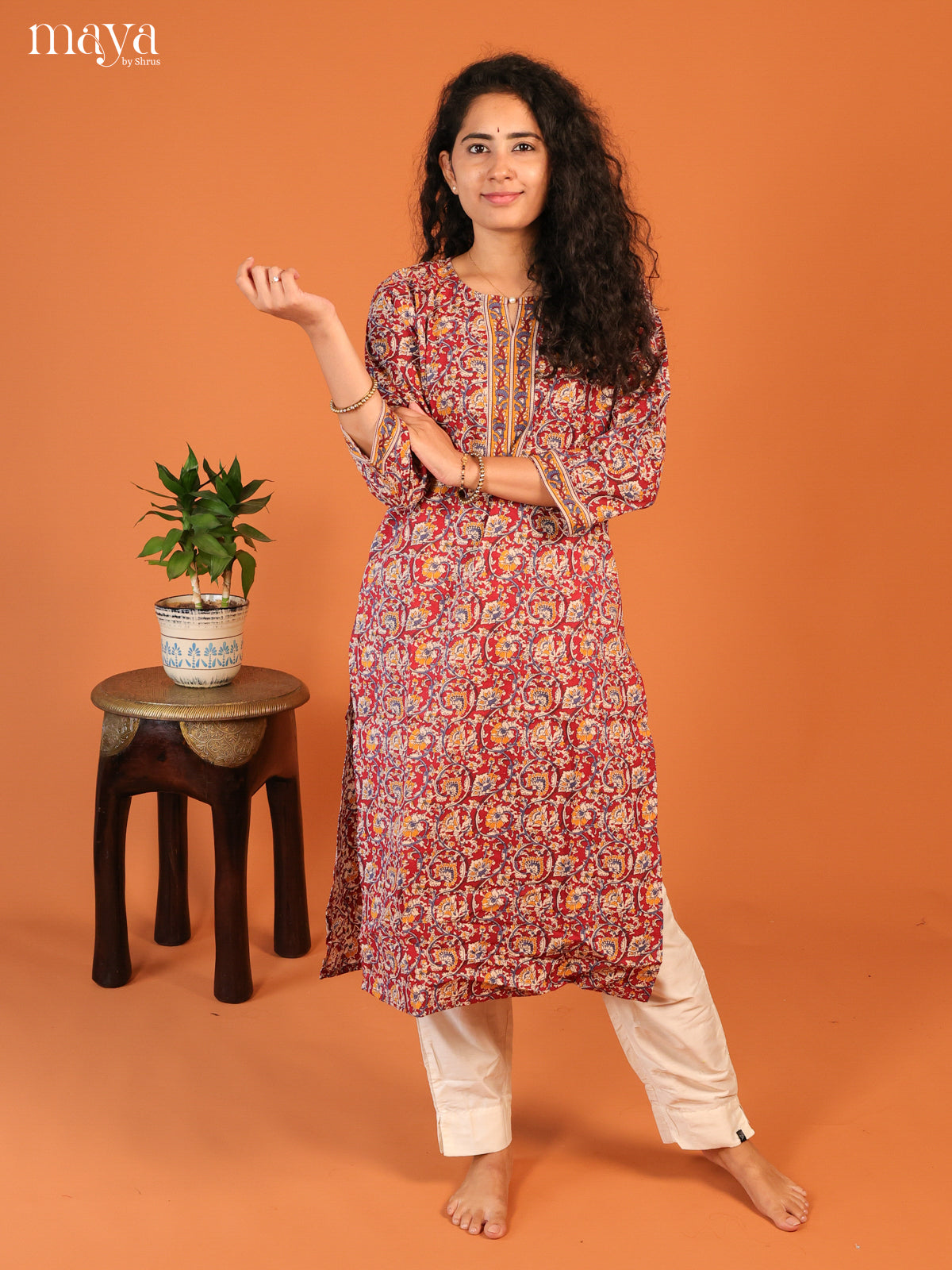 Maroon Floral Printed Cotton Kurti