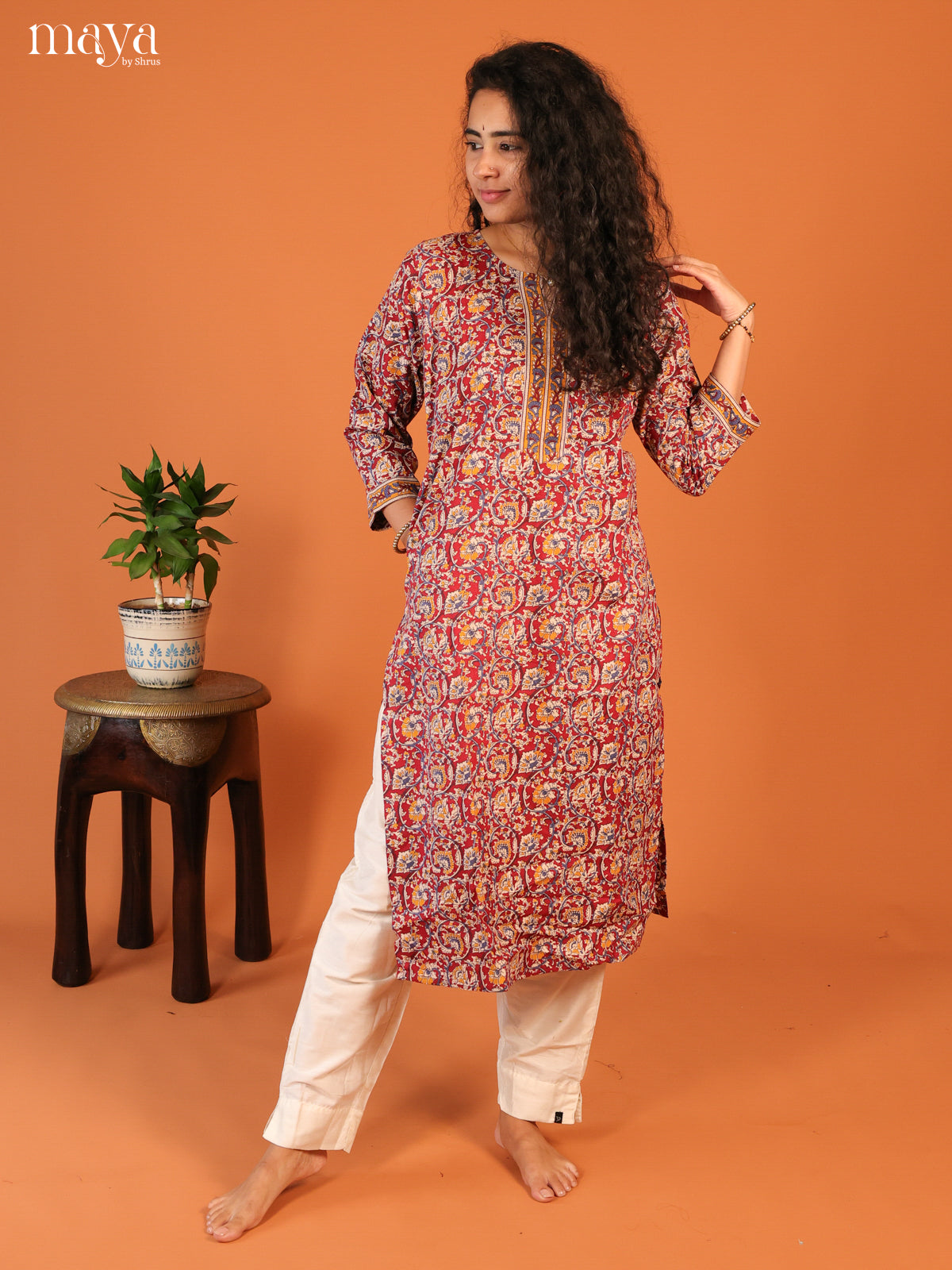 Maroon Floral Printed Cotton Kurti
