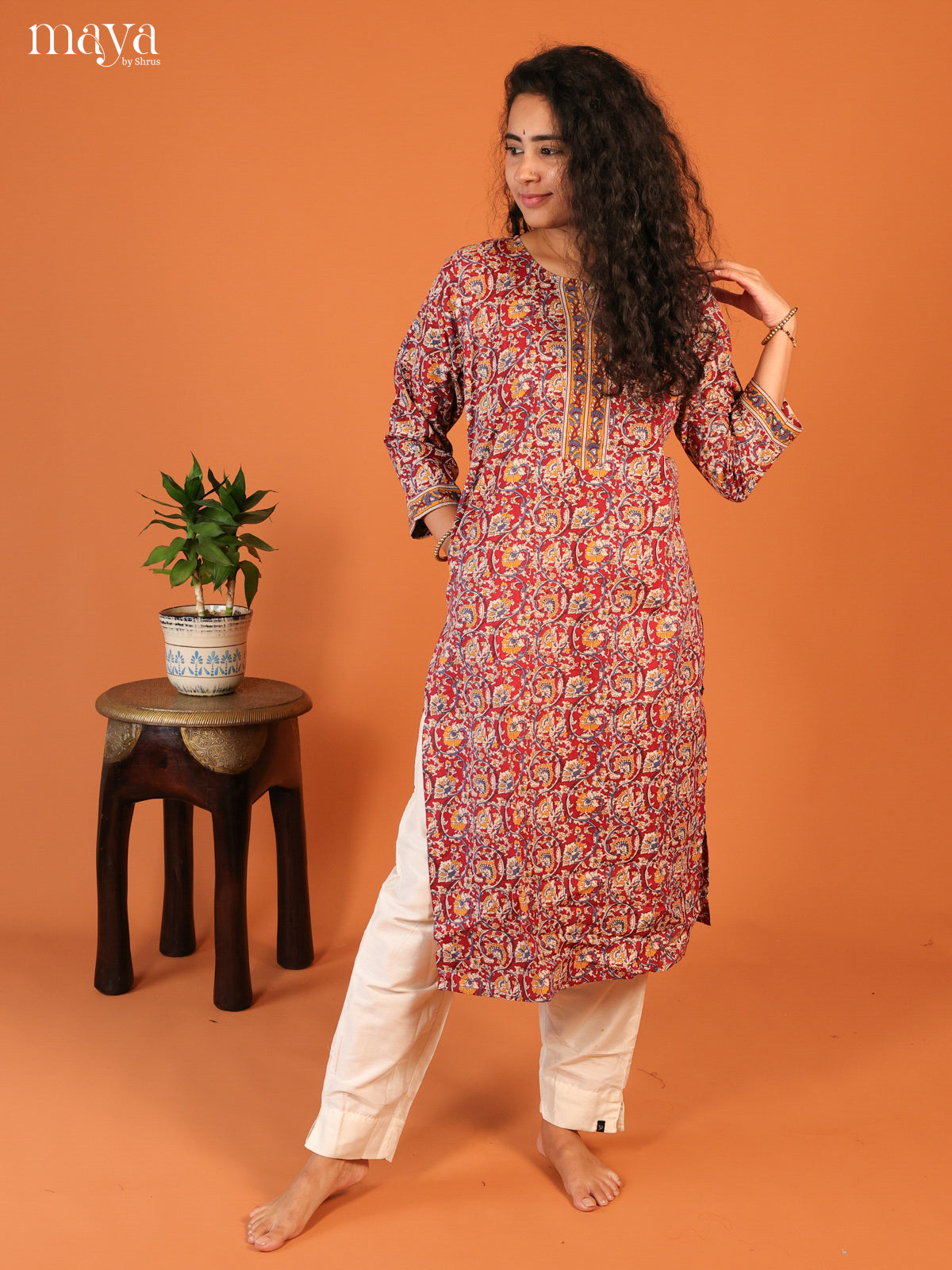 Maroon Floral Printed Cotton Kurti