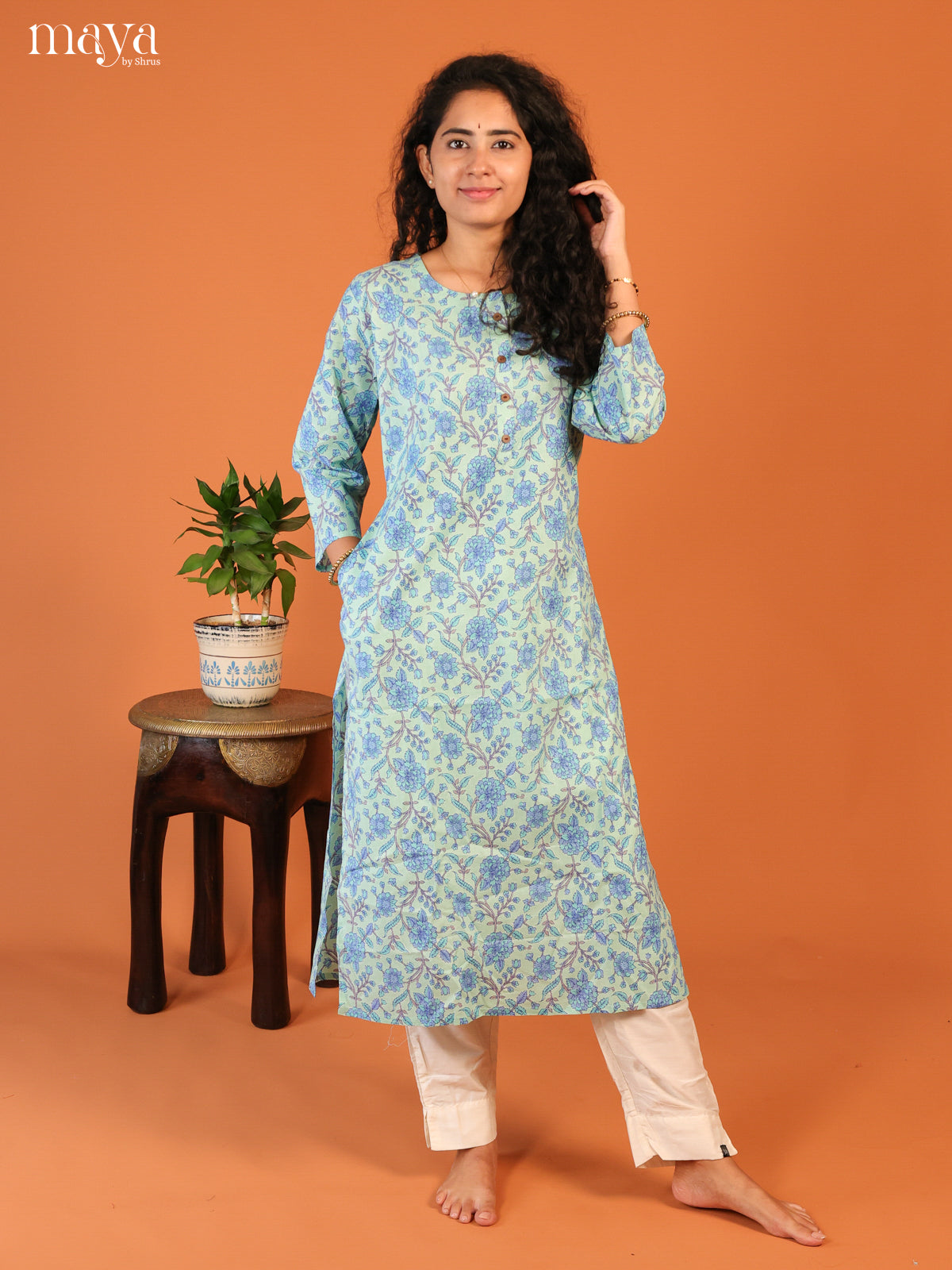 Blue Floral Printed Cotton Kurti