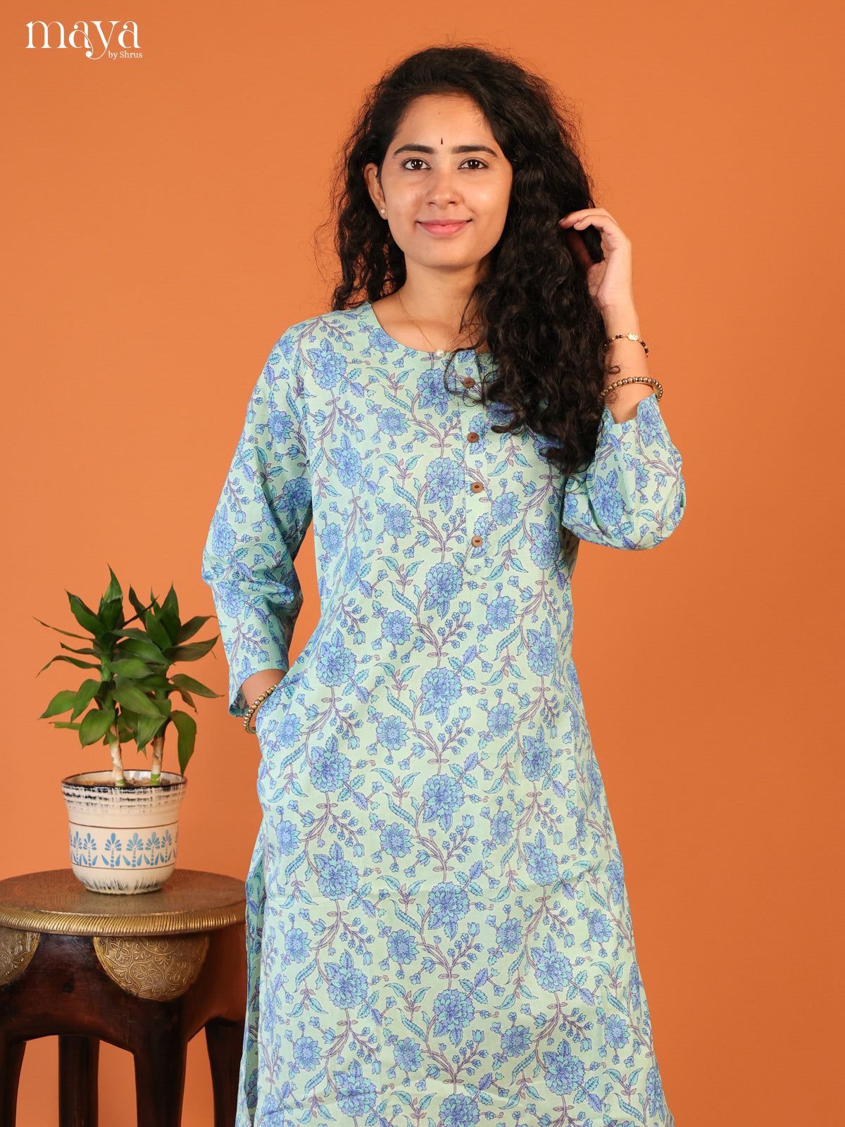 Blue Floral Printed Cotton Kurti