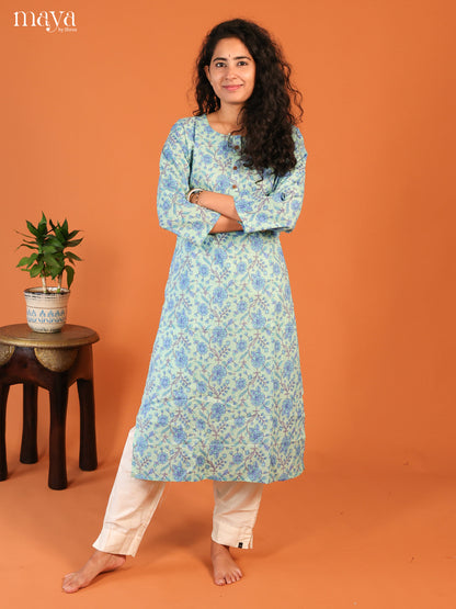 Blue Floral Printed Cotton Kurti - Shop on Shrus.com