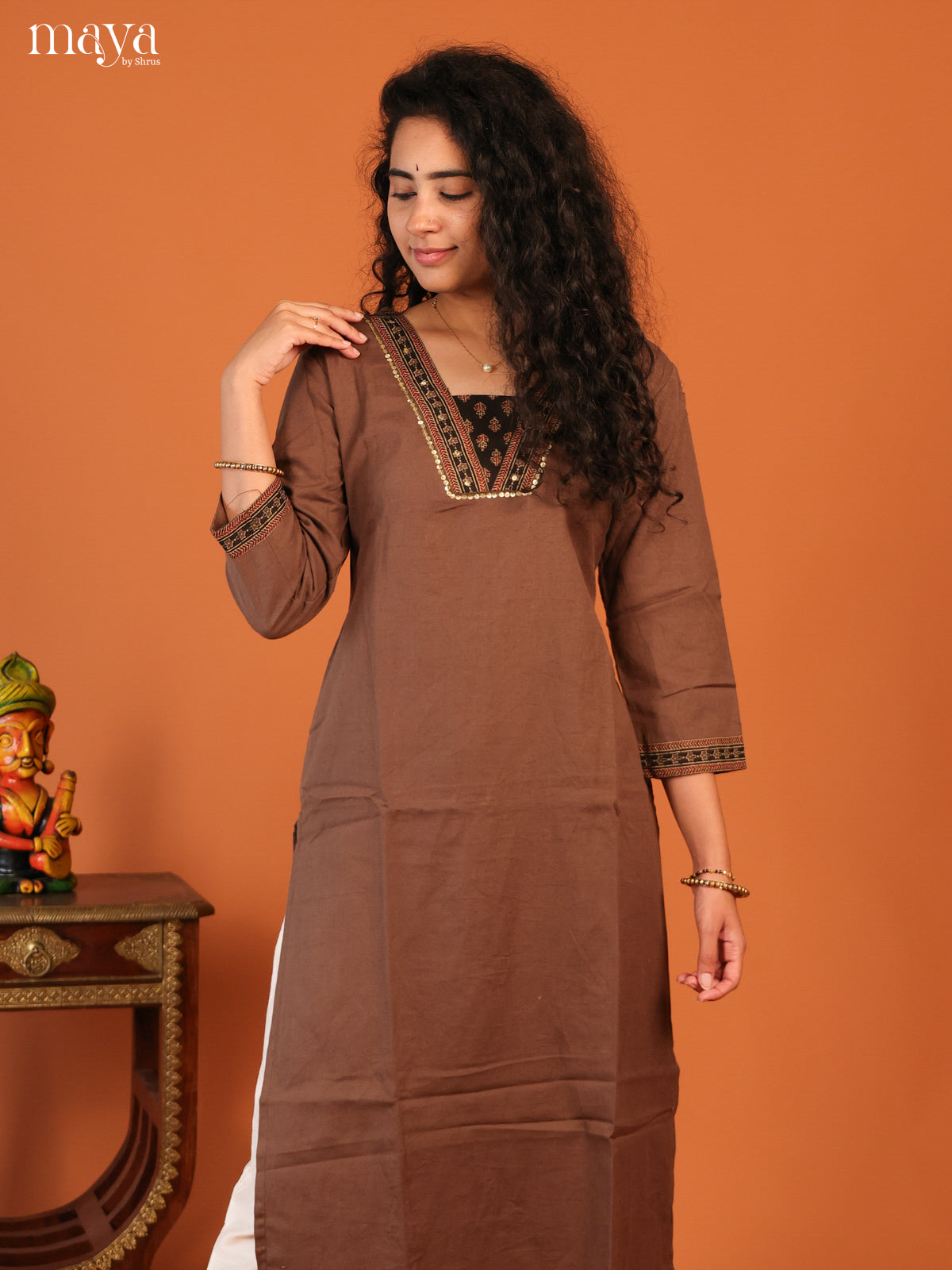 Floral Printed Browm Cotton Kurti