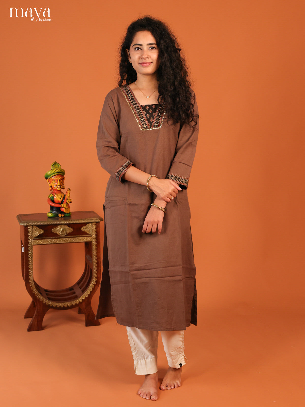Floral Printed Browm Cotton Kurti