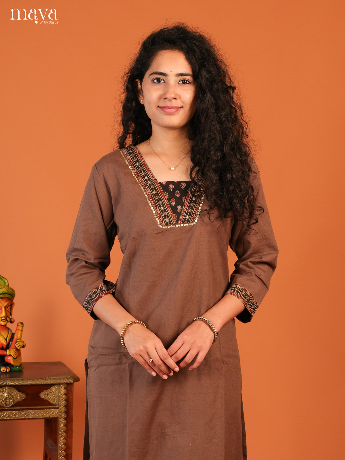 Floral Printed Browm Cotton Kurti