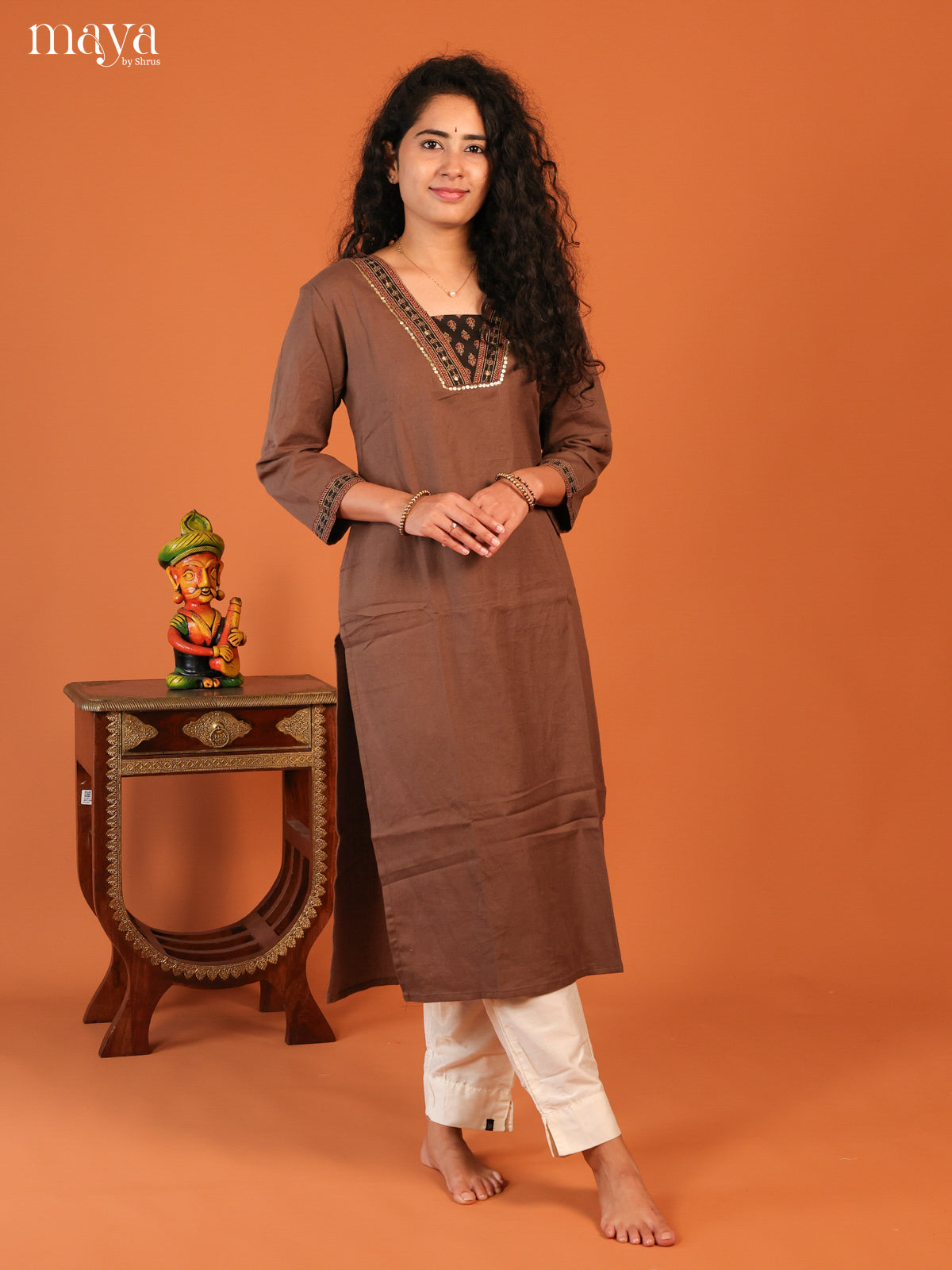 Floral Printed Browm Cotton Kurti