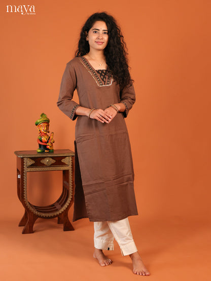 Floral Printed Browm Cotton Kurti