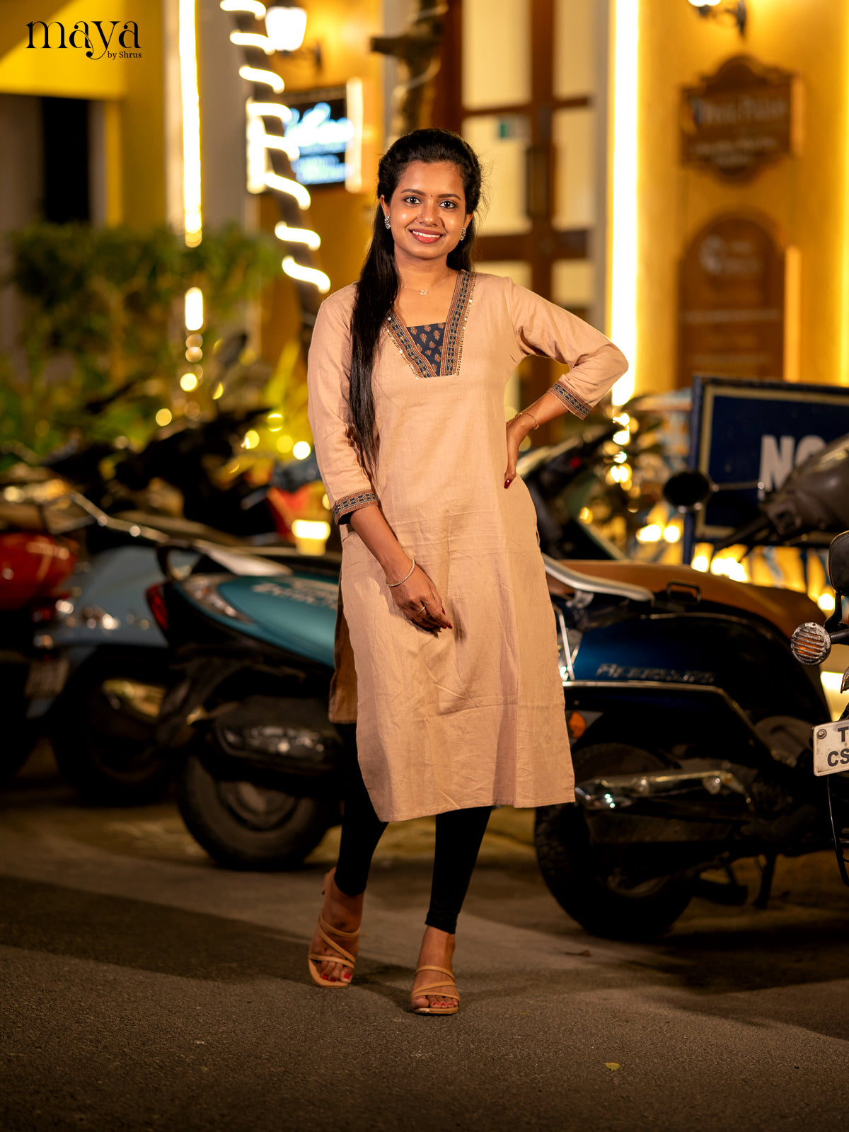 Floral Printed Beige Cotton Kurti