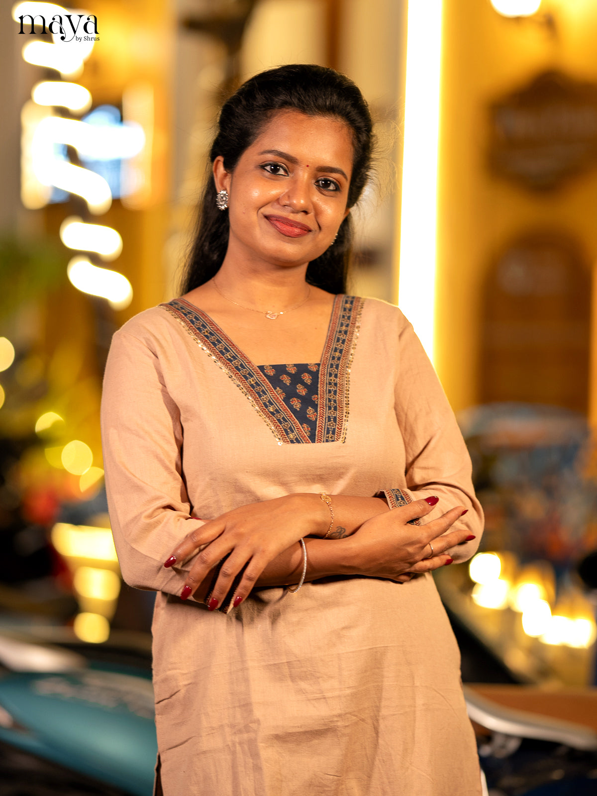 Floral Printed Beige Cotton Kurti