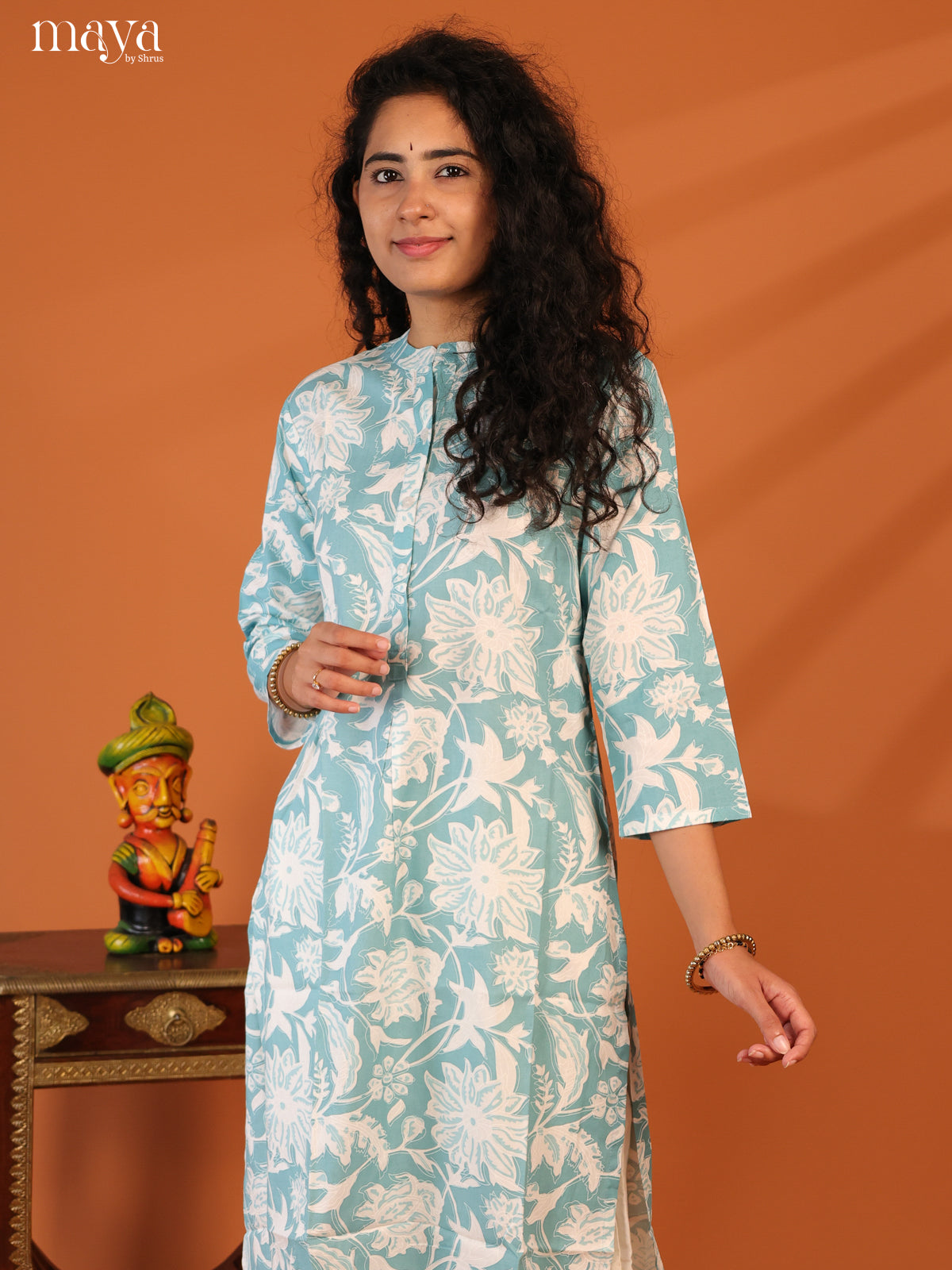 Blue Floral Printed Rayon Kurti