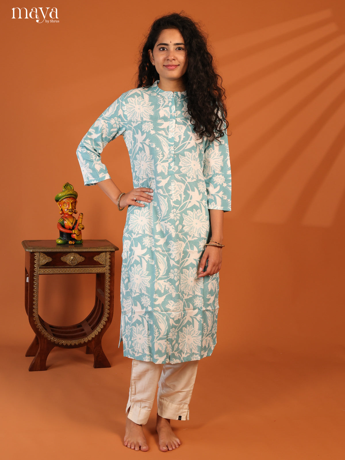 Blue Floral Printed Rayon Kurti