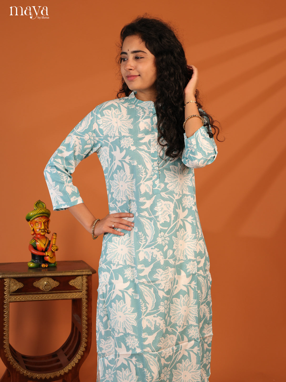 Blue Floral Printed Rayon Kurti
