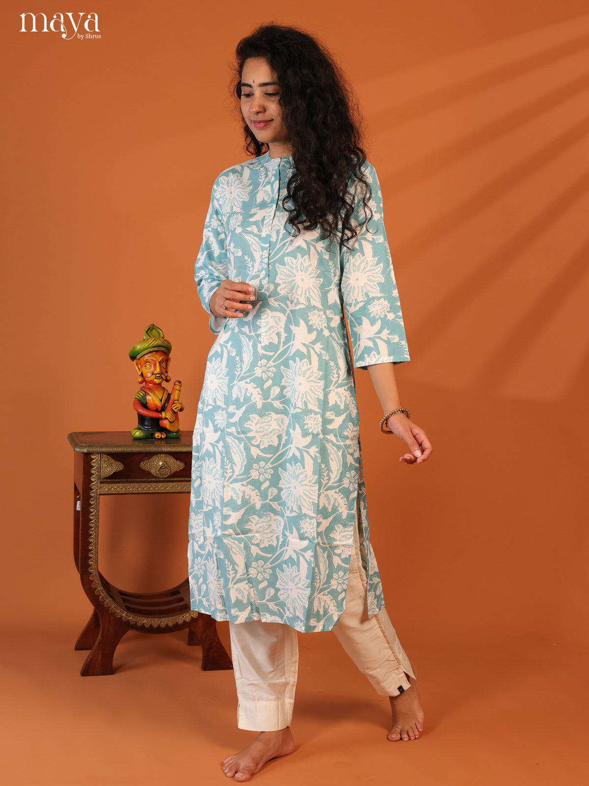 Blue Floral Printed Rayon Kurti