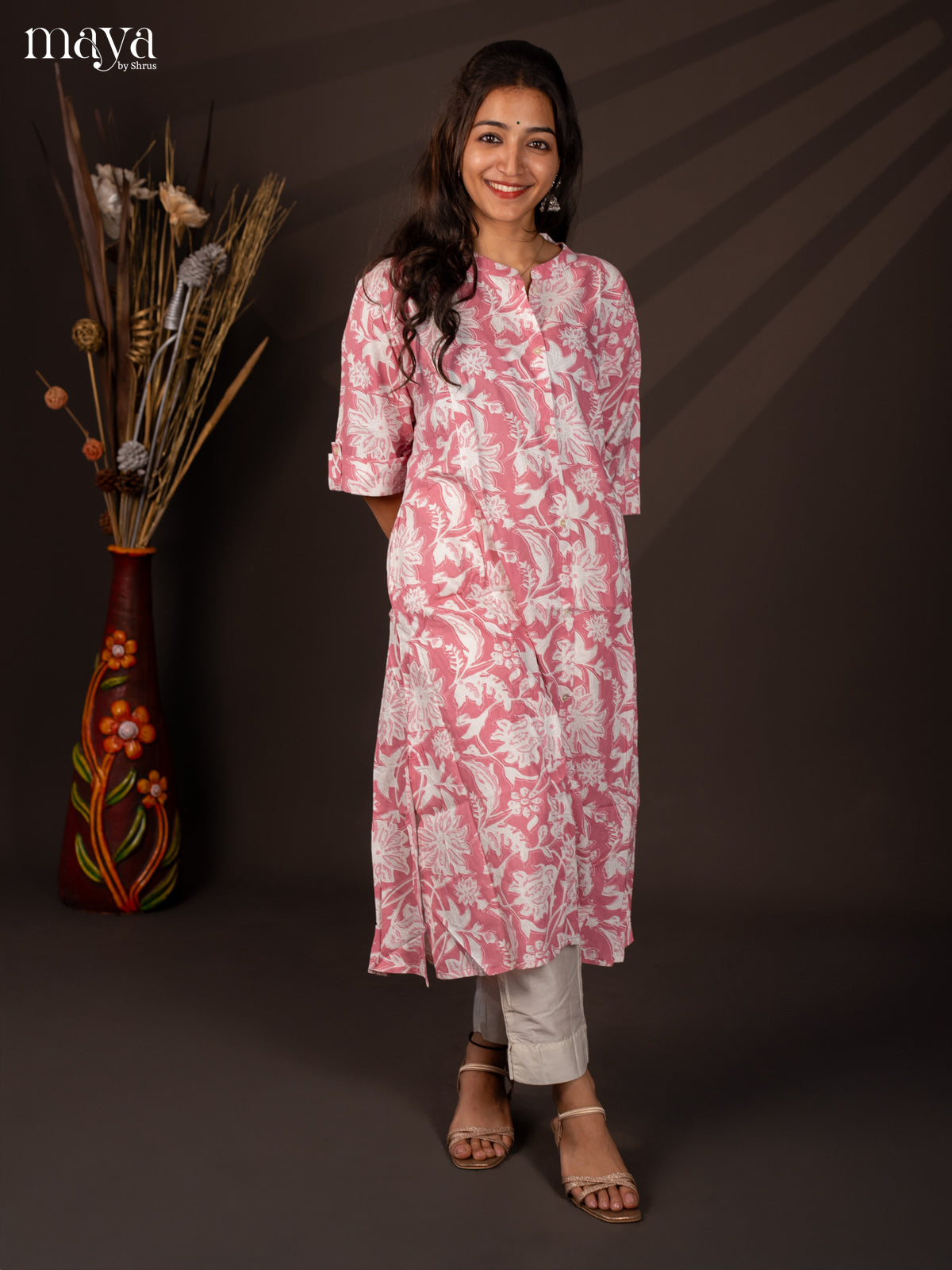 Pink Floral Printed Rayon Kurti