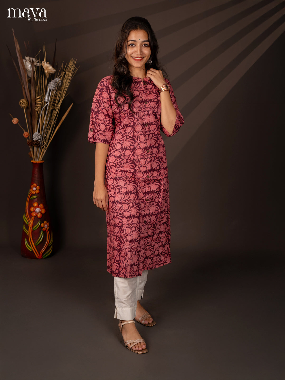 Wine Floral Printed Cotton Kurti