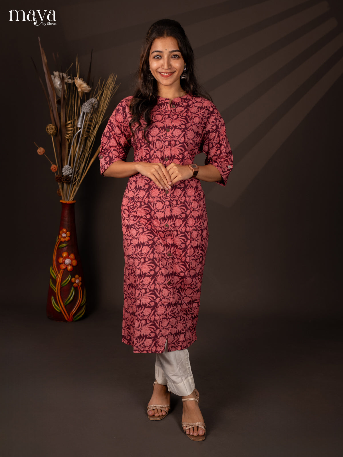 Wine Floral Printed Cotton Kurti