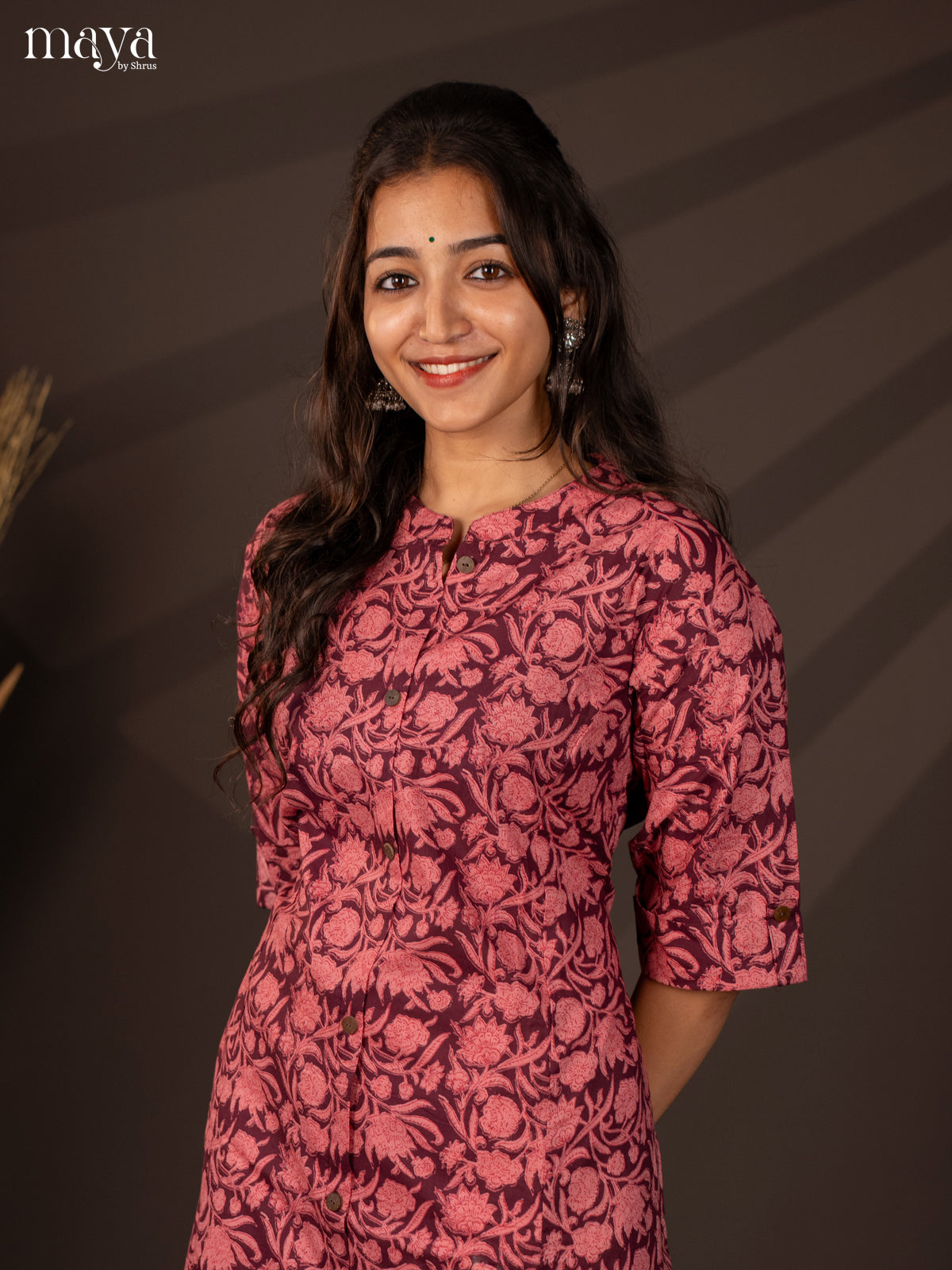 Wine Floral Printed Cotton Kurti