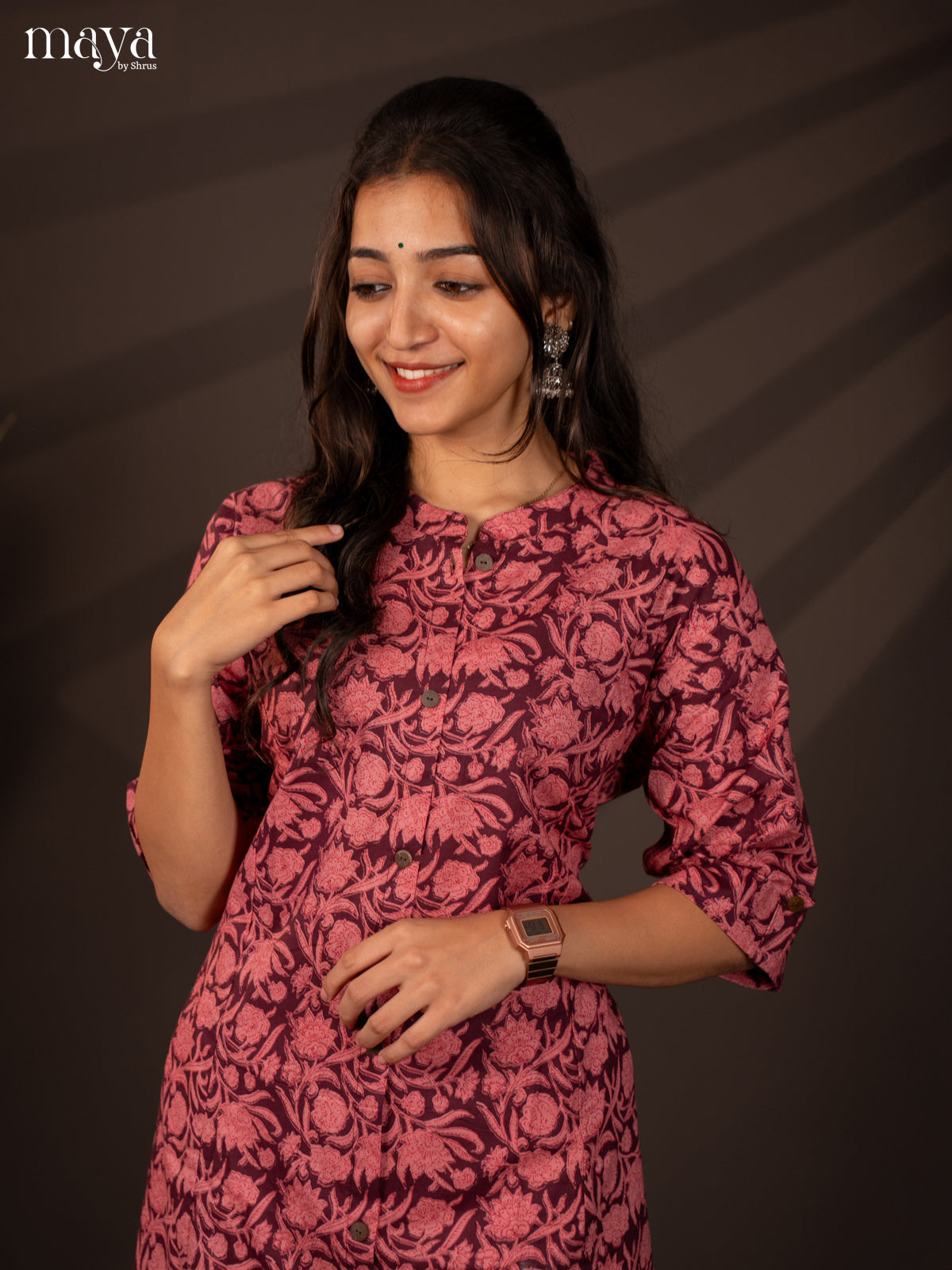 Wine Floral Printed Cotton Kurti
