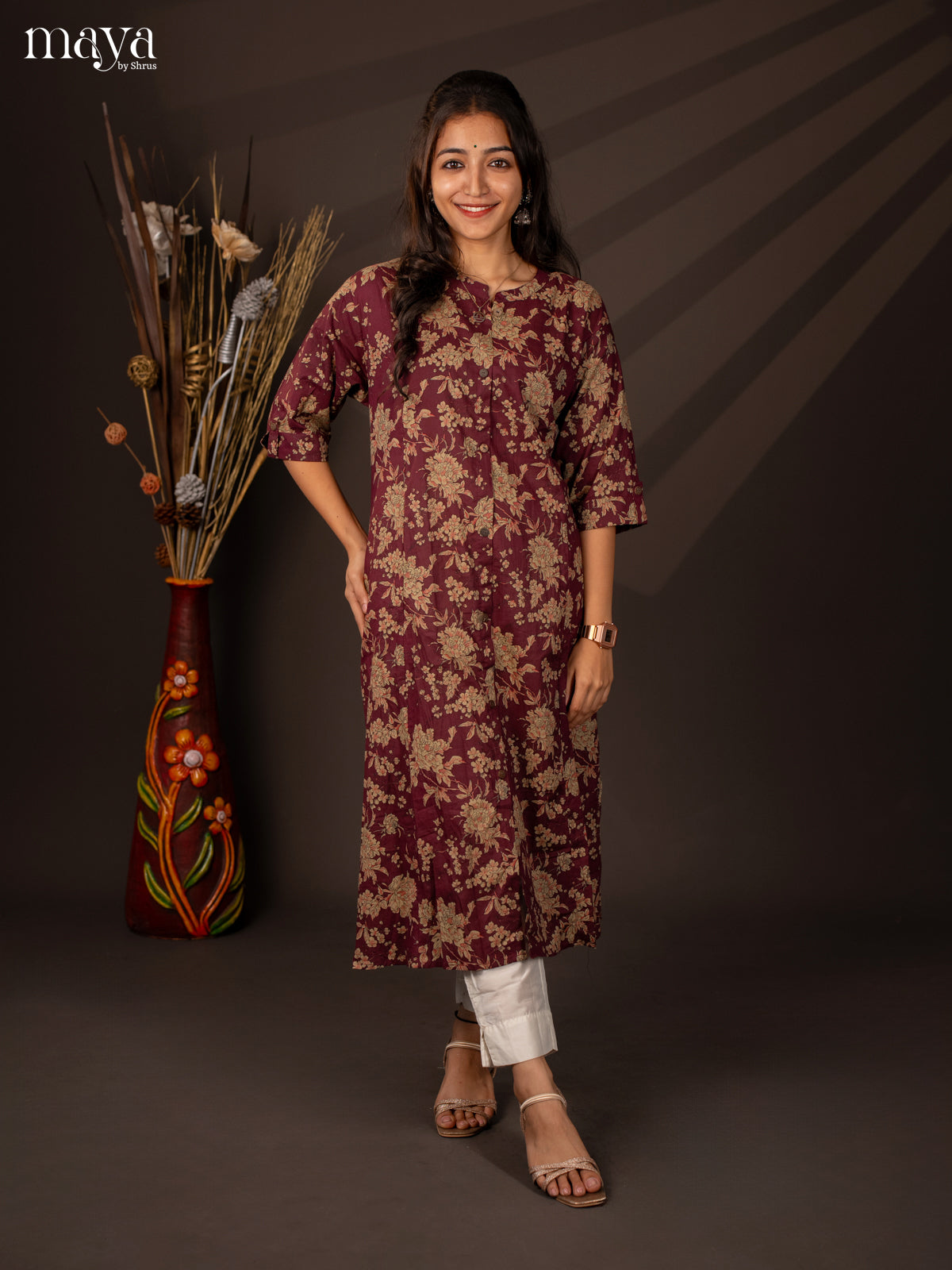 Wine Floral Printed Cotton Kurti