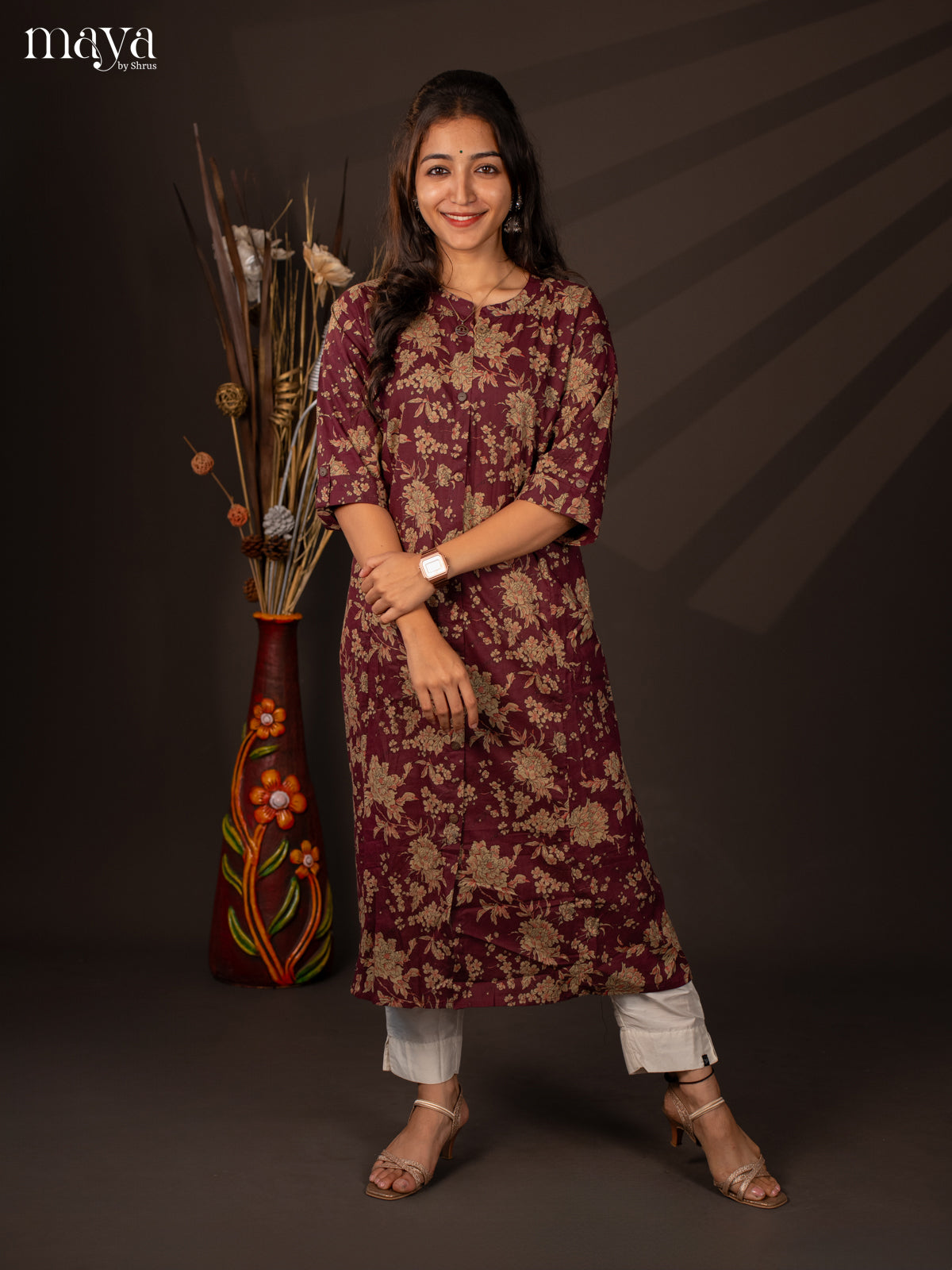 Wine Floral Printed Cotton Kurti