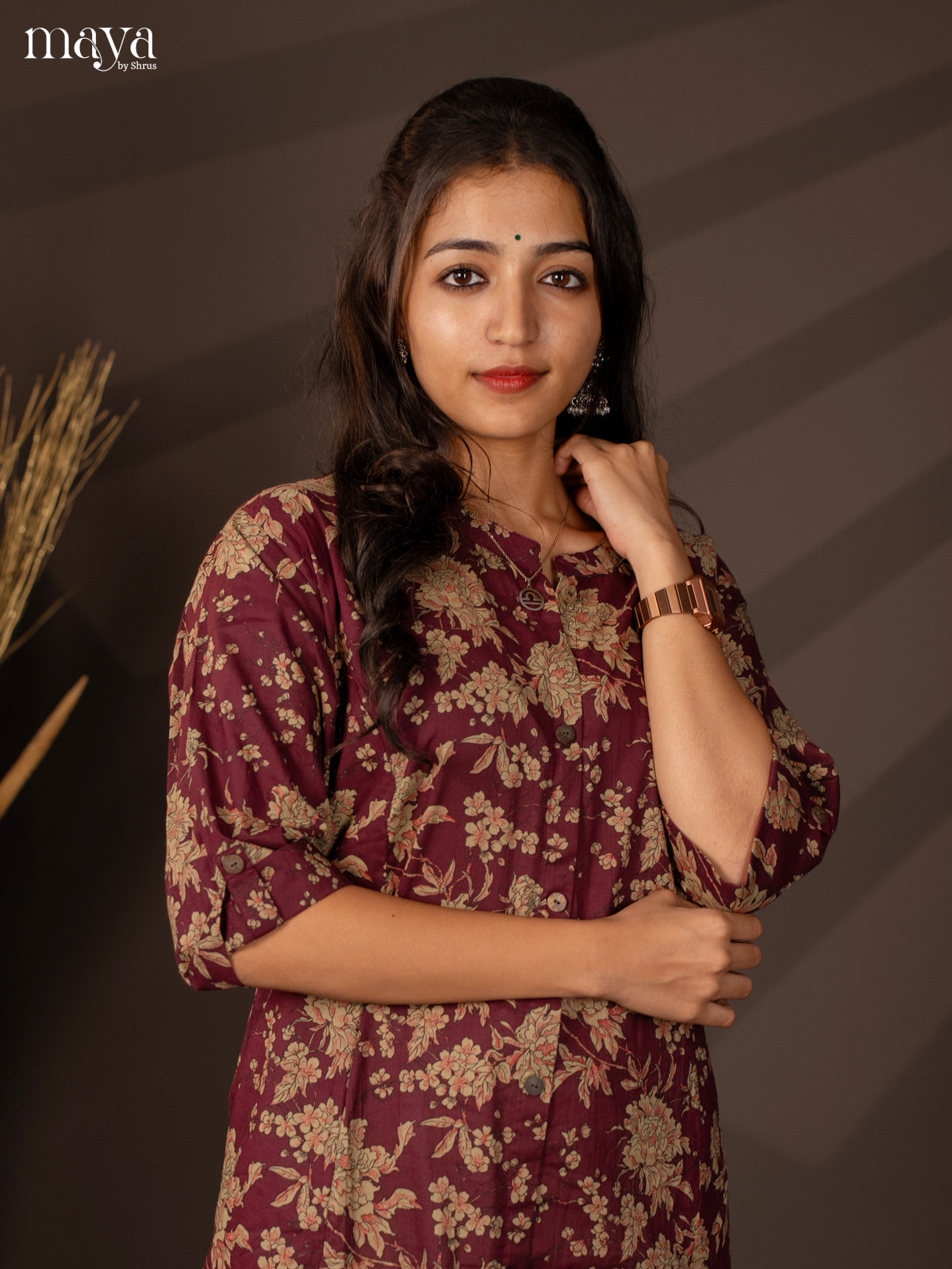 Wine Floral Printed Cotton Kurti