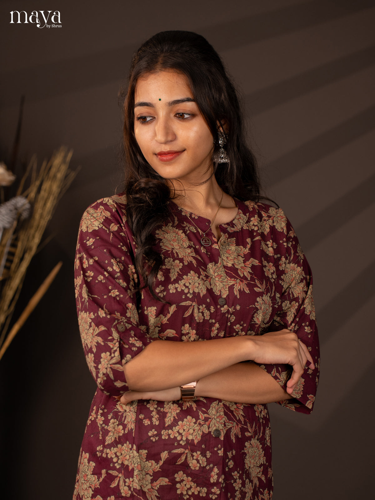 Wine Floral Printed Cotton Kurti