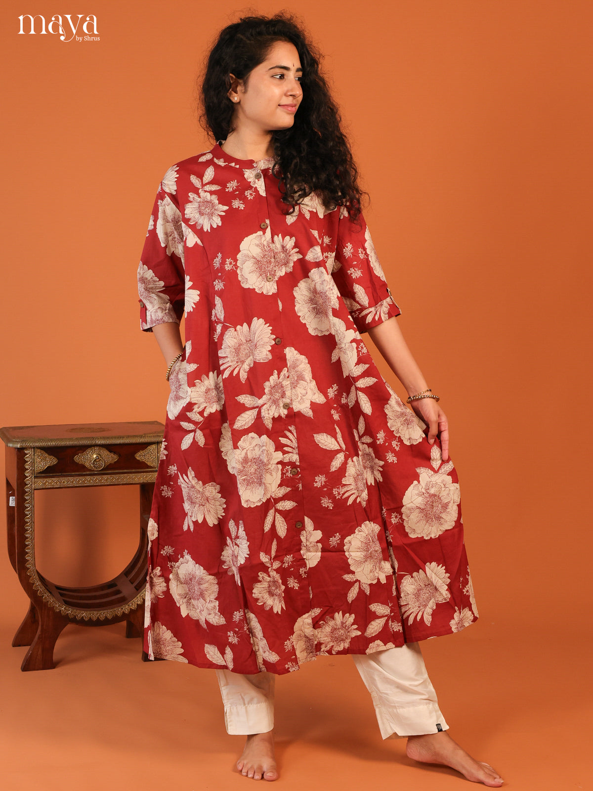 Floral Printed Maroon Cotton Kurti