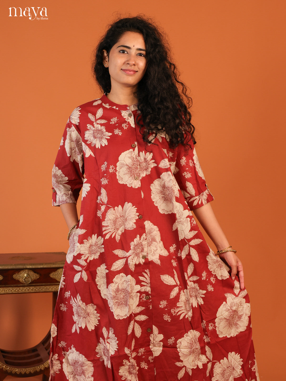 Floral Printed Maroon Cotton Kurti