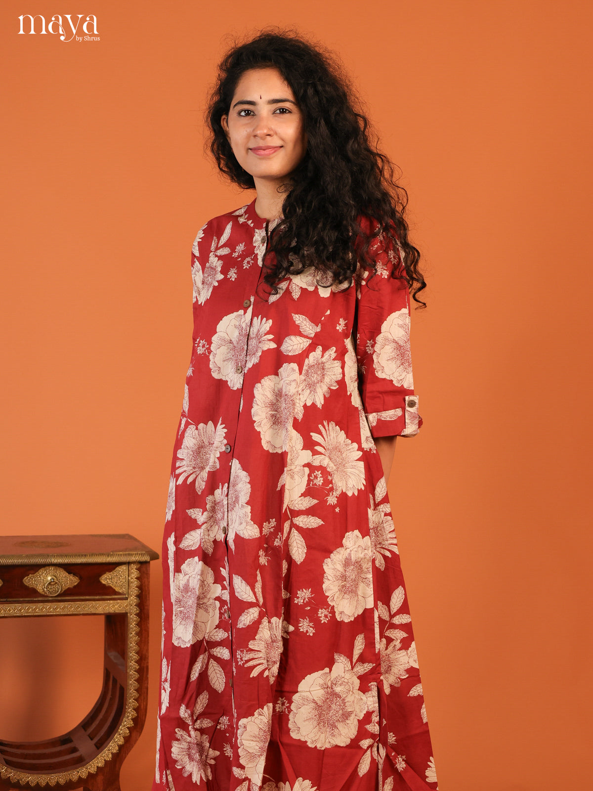 Floral Printed Maroon Cotton Kurti