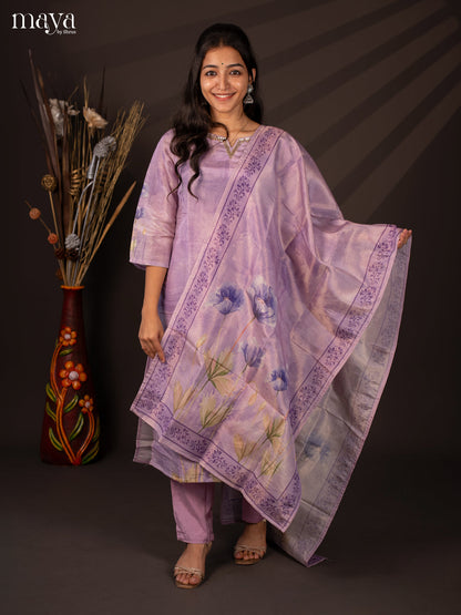 Lavender Chanderi 3Pc Salwar Suit with Floral Print - Top, Bottom & Dupatta