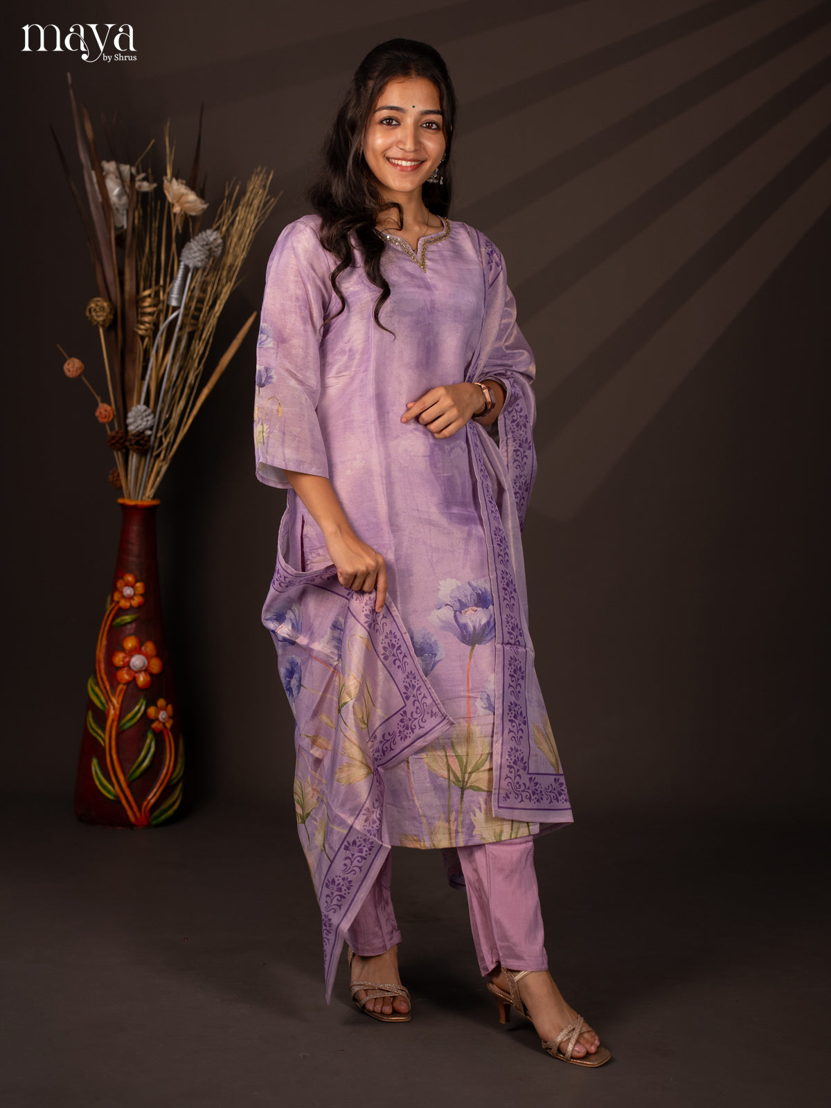 Lavender Chanderi 3Pc Salwar Suit with Floral Print - Top, Bottom & Dupatta