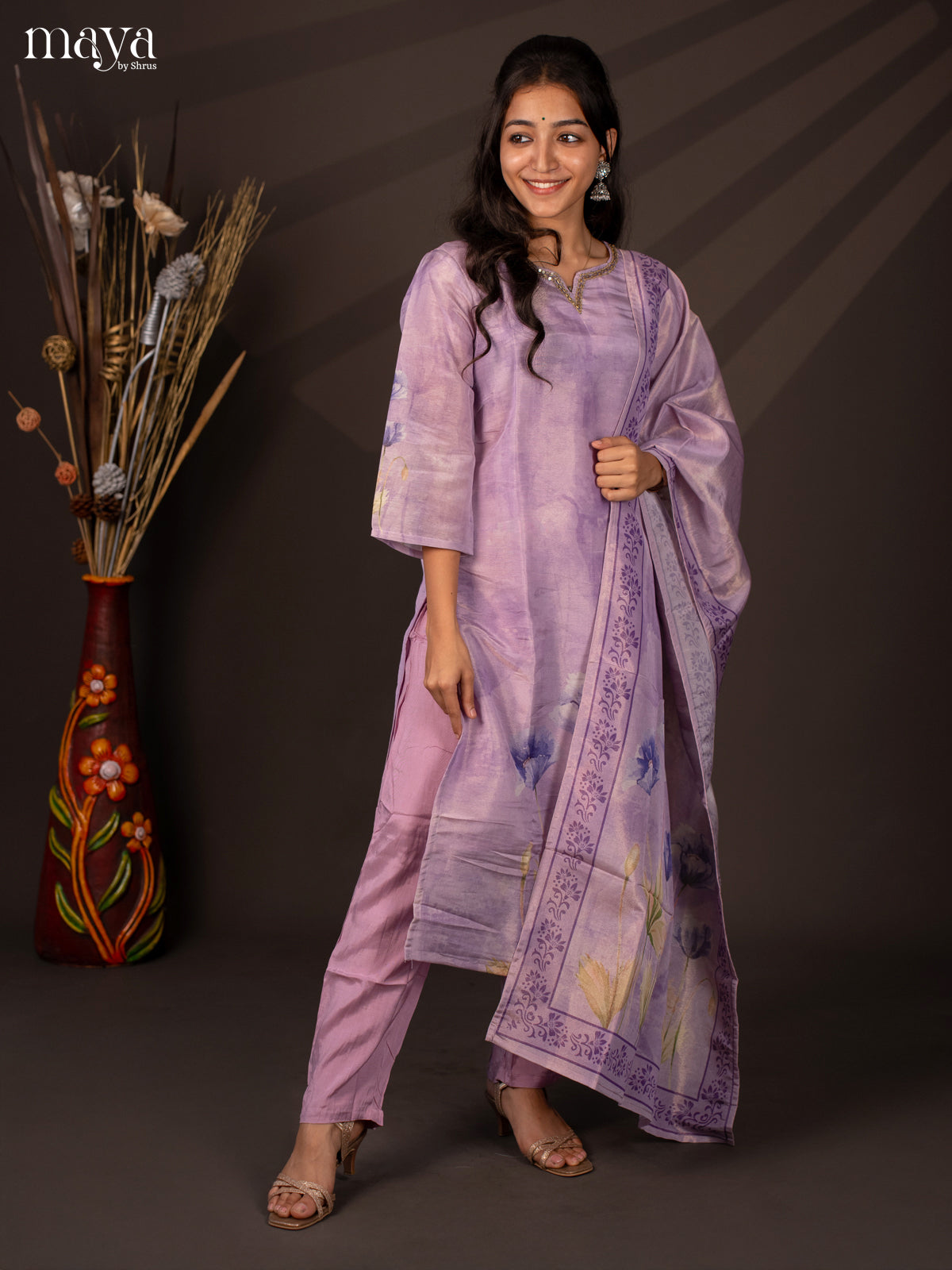Lavender Chanderi 3Pc Salwar Suit with Floral Print - Top, Bottom & Dupatta