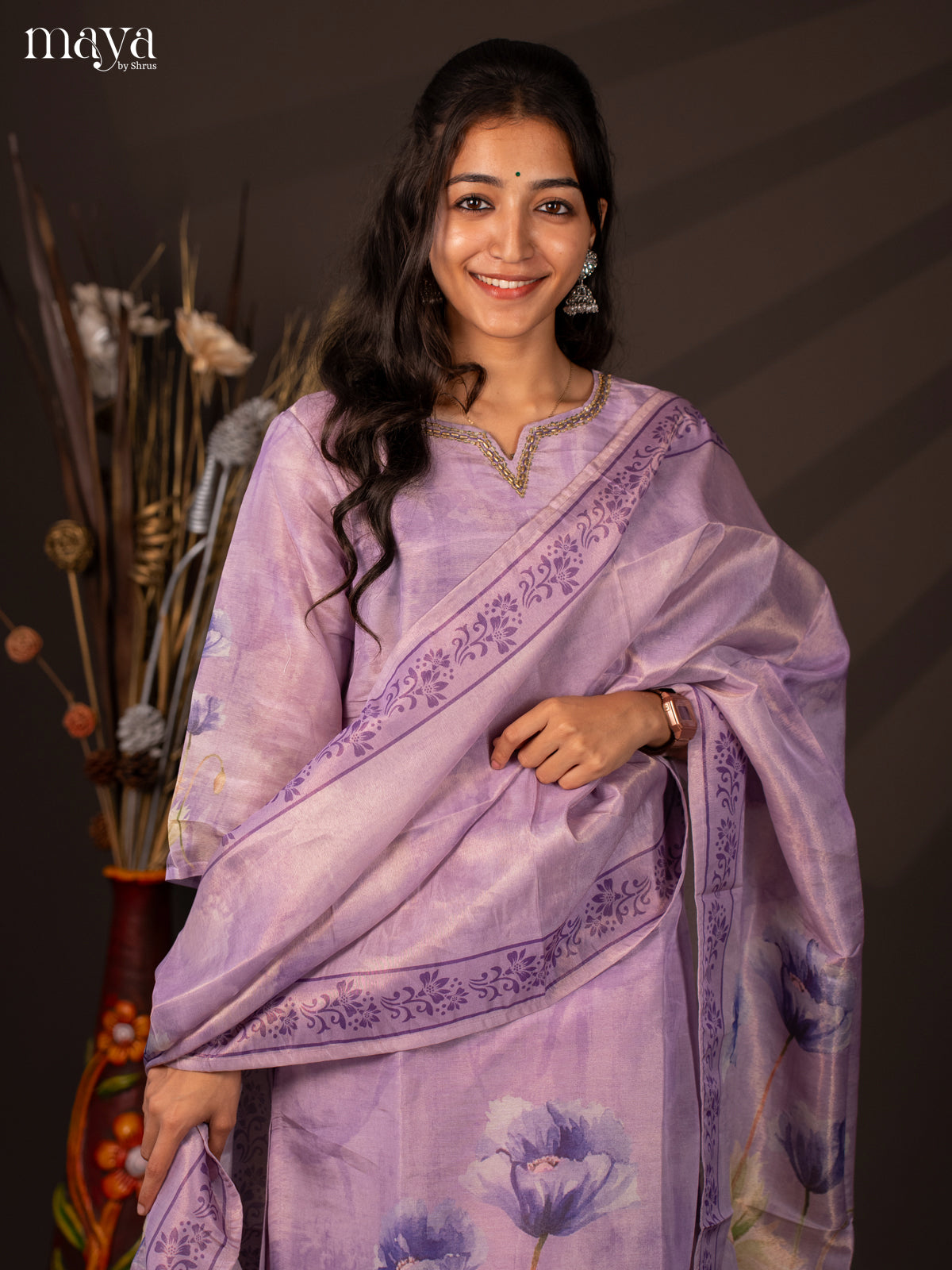 Lavender Chanderi 3Pc Salwar Suit with Floral Print - Top, Bottom & Dupatta