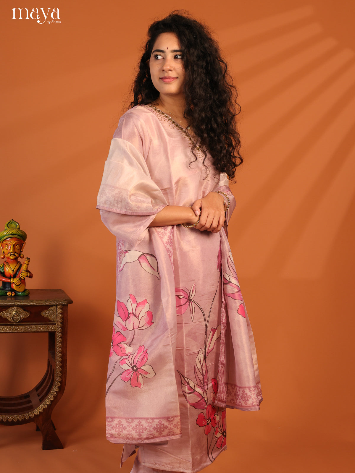 Pink Chanderi 3Pc Salwar Suit with Floral Print - Top, Bottom & Dupatta