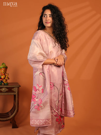 Pink Chanderi 3Pc Salwar Suit with Floral Print - Top, Bottom & Dupatta