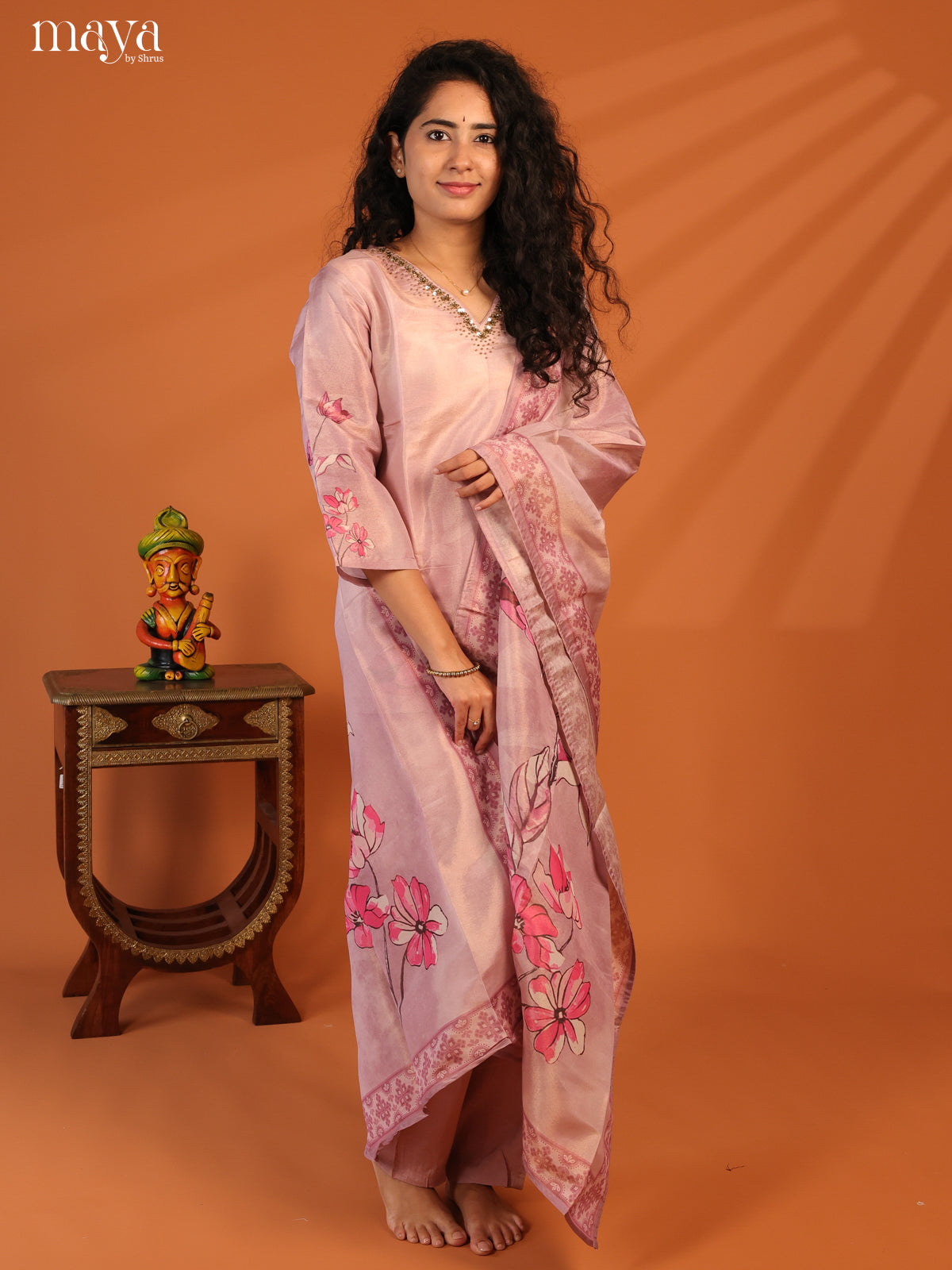 Pink Chanderi 3Pc Salwar Suit with Floral Print - Top, Bottom & Dupatta