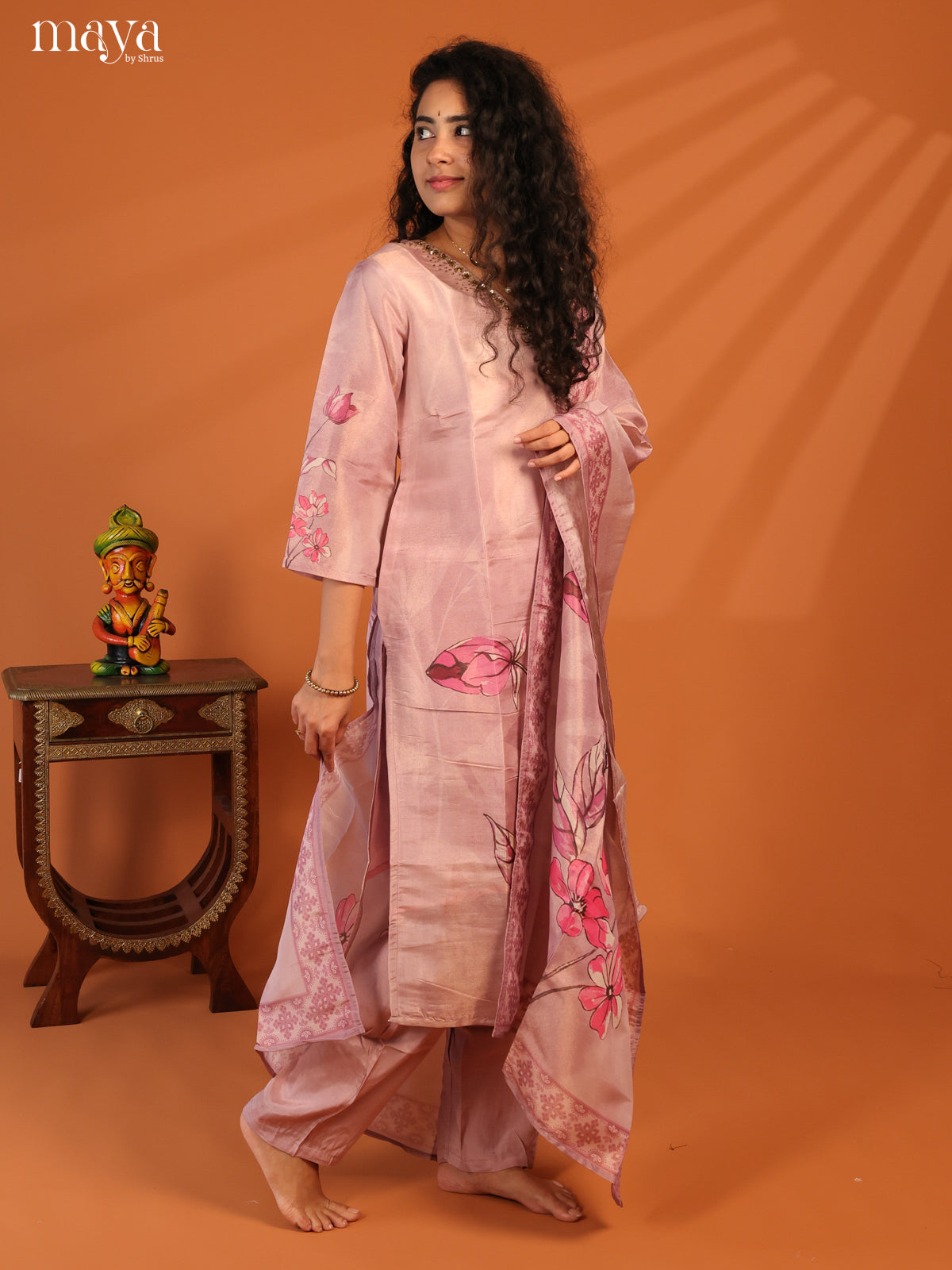 Pink Chanderi 3Pc Salwar Suit with Floral Print - Top, Bottom & Dupatta