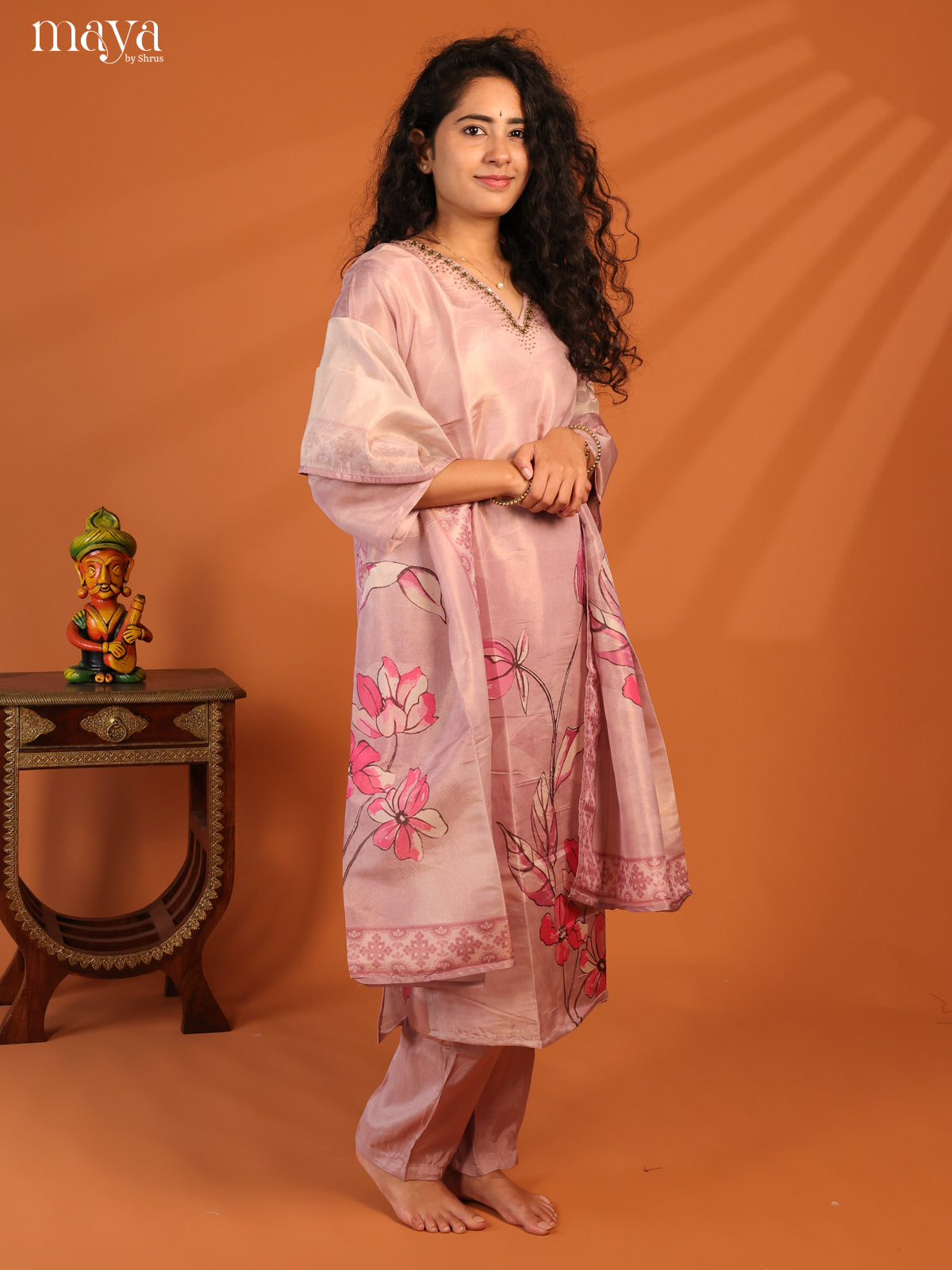 Pink Chanderi 3Pc Salwar Suit with Floral Print - Top, Bottom & Dupatta