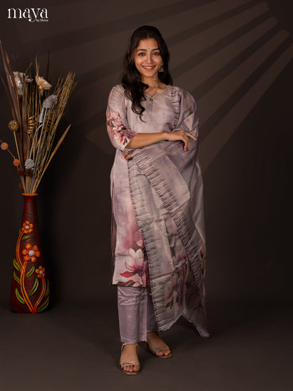 Lavender Chanderi 3Pc Salwar Suit with Floral Print - Top, Bottom & Dupatta