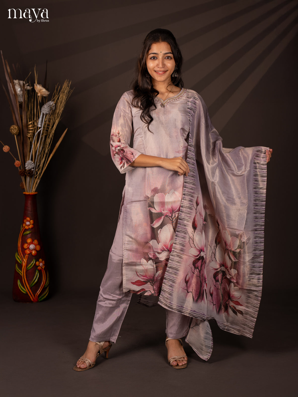 Lavender Chanderi 3Pc Salwar Suit with Floral Print - Top, Bottom & Dupatta